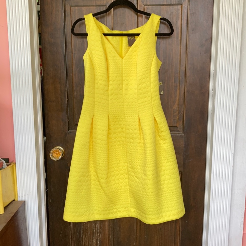 Sleeveless v-neck A-line dress in bright yellow.